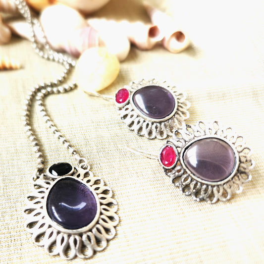 Mirage -  Ethnic Silver Purple  with chain and hoop earrings