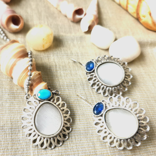 Mirage -  Ethnic Silver Blue and White with chain and hoop earrings