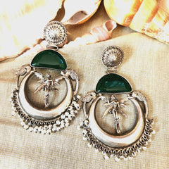 Mirage - Vintage Tribal Dancer Crescent Earrings with Green Stone
