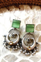 Mirage  - Vintage Oxidized Crescent Hoop Earrings with  Stone Studs & Pearl Drops