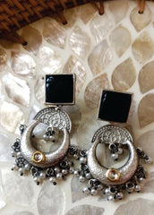 Mirage  - Vintage Oxidized Crescent Hoop Earrings with  Stone Studs & Pearl Drops