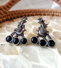 Mirage  - Oxidized Silver Bird Motif Earrings with Black Stone Trio