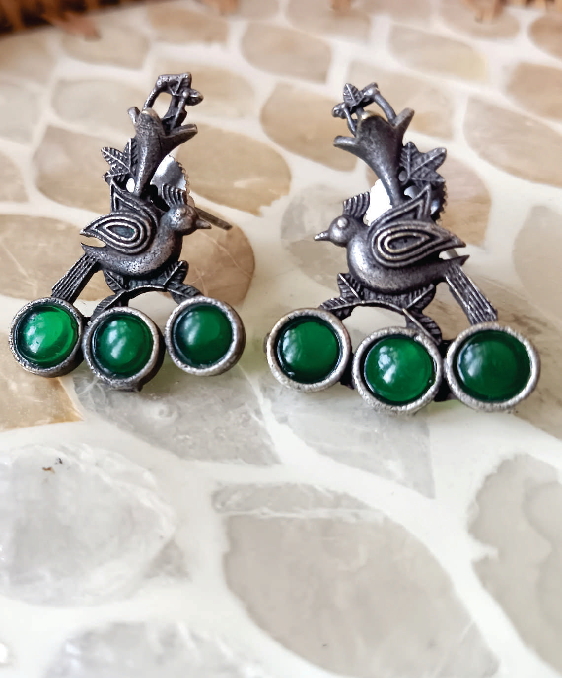 Mirage  - Oxidized Silver Bird Motif Earrings with Black Stone Trio