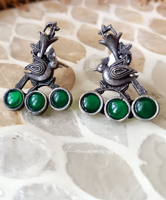 Mirage  - Oxidized Silver Bird Motif Earrings with Black Stone Trio
