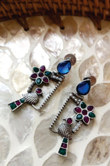 Mirage  -Oxidized Peacock and Floral Drop Earrings with Purple and Aqua Stones
