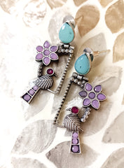 Mirage  -Oxidized Peacock and Floral Drop Earrings with Purple and Aqua Stones
