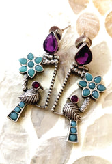 Mirage  -Oxidized Peacock and Floral Drop Earrings with Purple and Aqua Stones