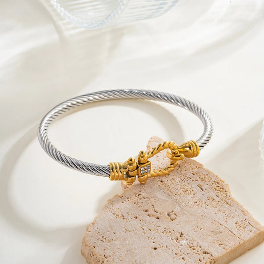Twisted Silver Kada Bracelet with Gold Lock Detail – Premium Open Cuff Statement Bangle for Women