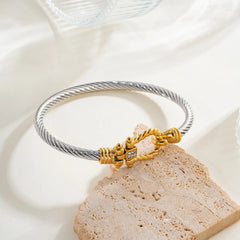 Twisted Silver Kada Bracelet with Gold Lock Detail – Premium Open Cuff Statement Bangle for Women