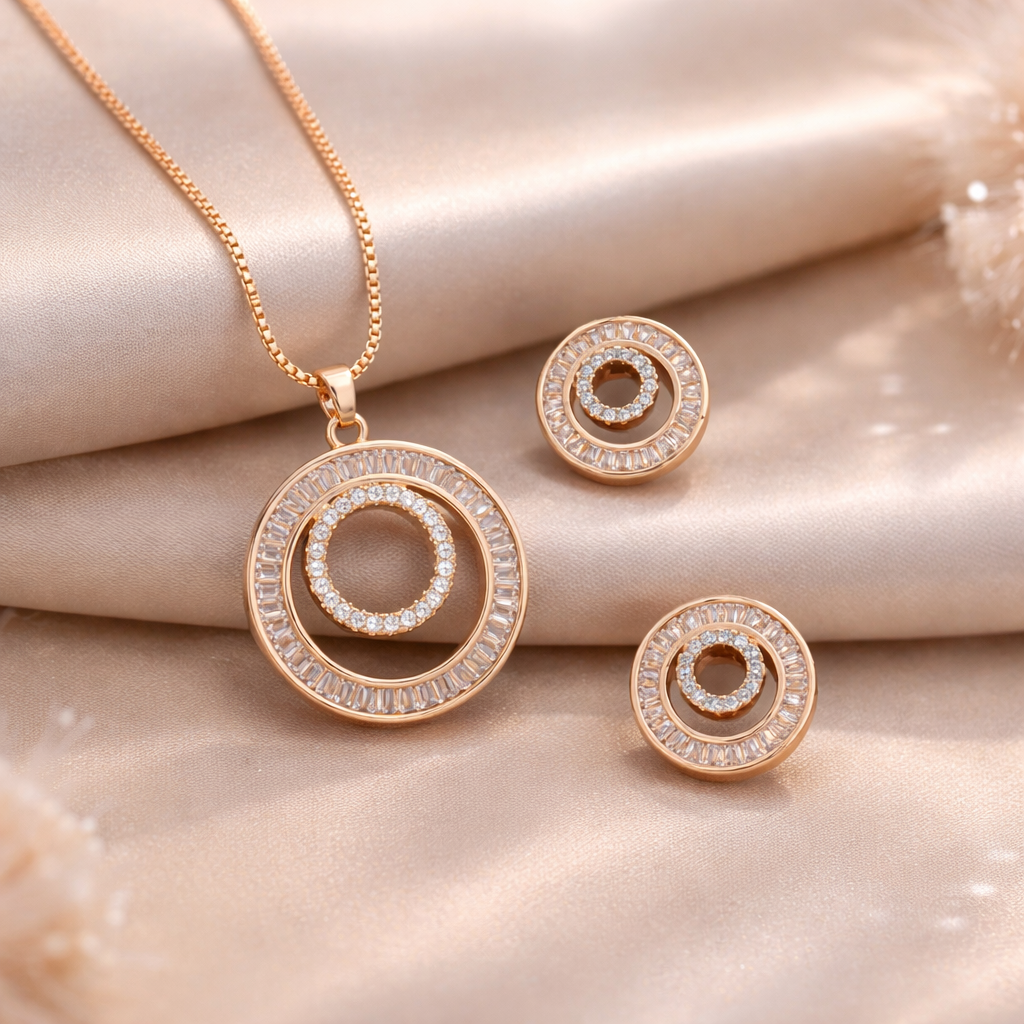Rose Gold Circular CZ Pendant Set with Matching Stud Earrings | American Diamond Necklace Set for Women