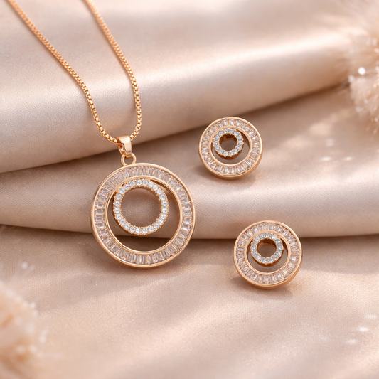 Rose Gold Circular CZ Pendant Set with Matching Stud Earrings | American Diamond Necklace Set for Women