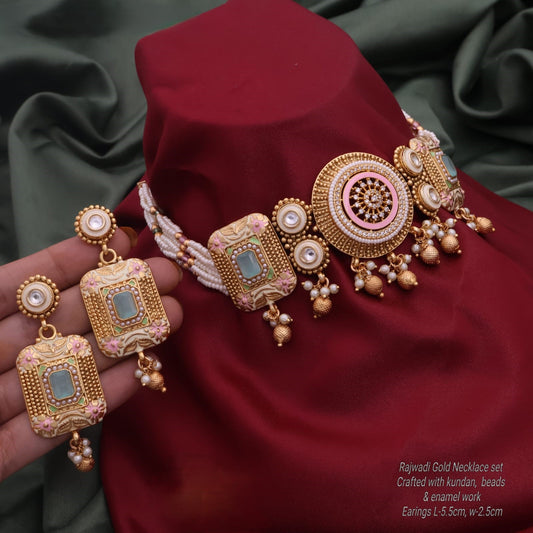 Exquisite Rajwadi Gold Necklace Set with Kundan and Enamel Detailing