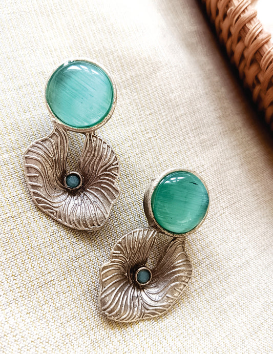 Mirage  -Elegant  Stone Stud Earrings with Textured Floral Leaf Design