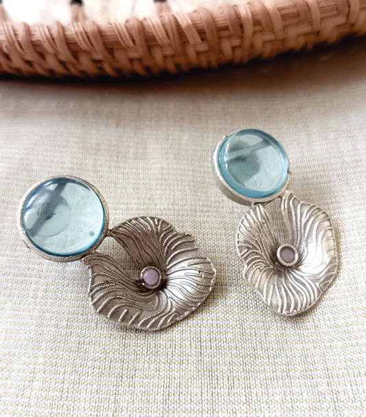 Mirage  -Elegant  Stone Stud Earrings with Textured Floral Leaf Design