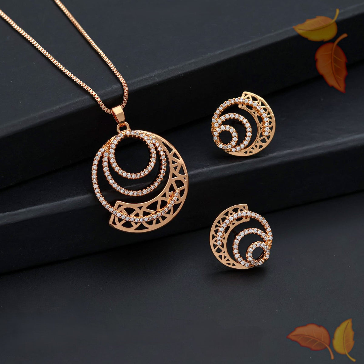 Rose Gold Spiral Circle Pendant Set with Earrings | American Diamond CZ Necklace Set for Women