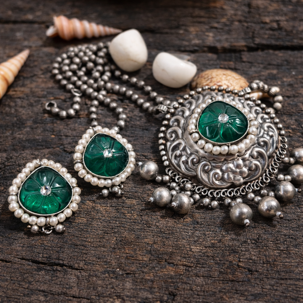 Emerald Grace Oxidized Silver Necklace Set with Green Stone & Pearls - The Mirage Fashion
