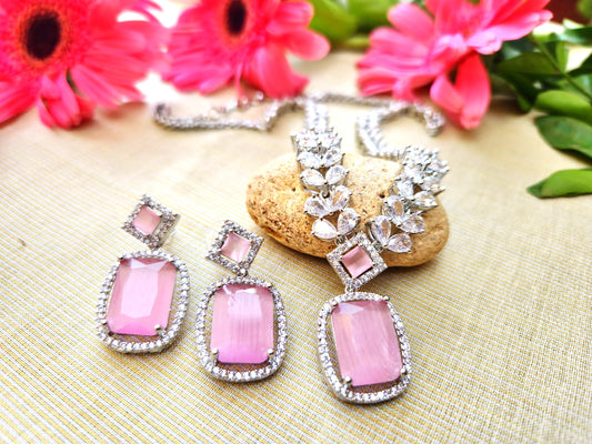 Mirage -  American Diamond Necklace Jewelry Set with Earrings in   Pink  Monzonite Stone