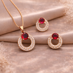 Rose Gold Red Stone Circle Pendant Set with Earrings | American Diamond CZ Necklace Set for Women