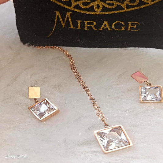 Mirage -Square white stone SS Anti Tanish Pendant Earring set with Chain