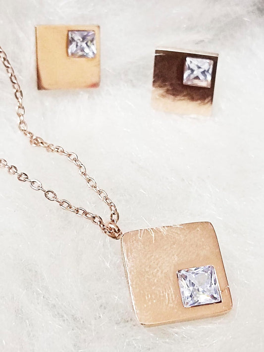 Mirage - Timeless Elegance: Square Diamond Pendant & Earring Set in Anti-Tarnish Stainless Steel