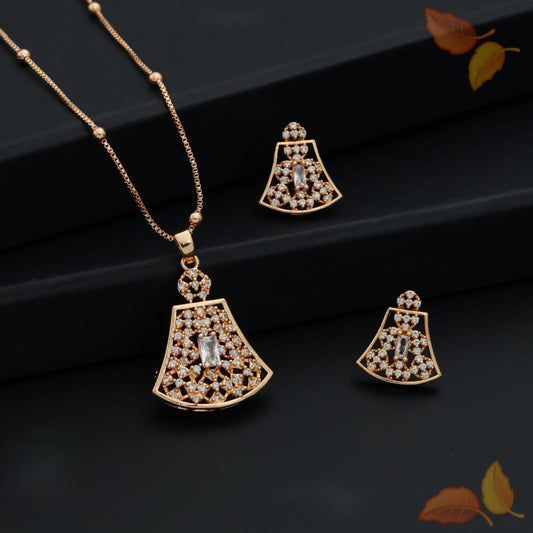 Rose Gold American Diamond Pendant Set with Earrings | CZ Designer Pendant Necklace Set for Women