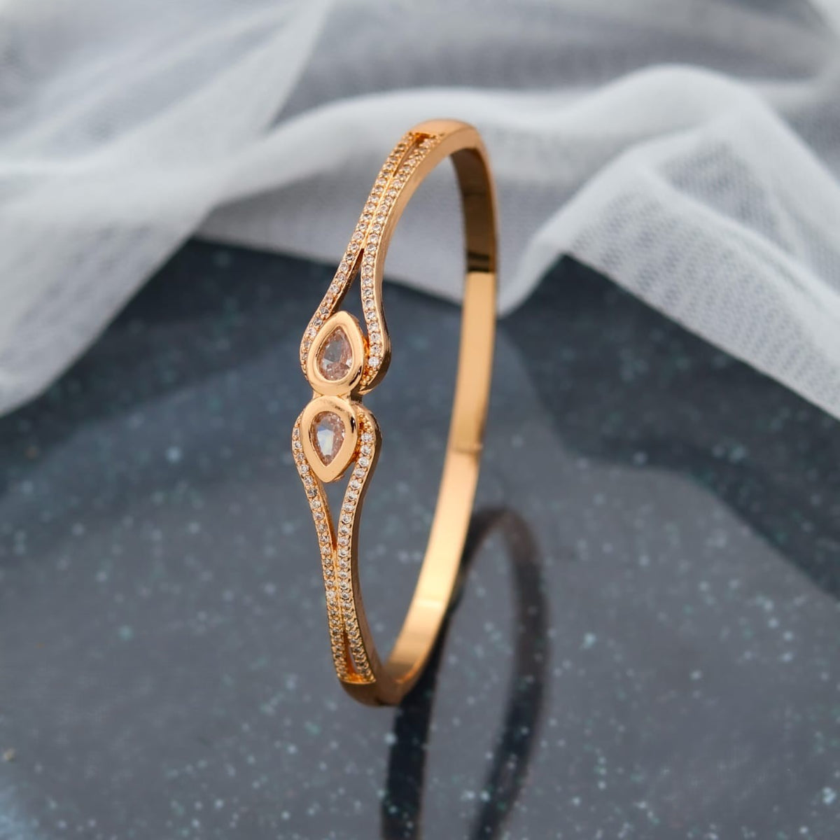 Rose Gold American Diamond Teardrop Kada Bracelet for Women | CZ Stone Slim Designer Bangle for Party & Wedding Wear