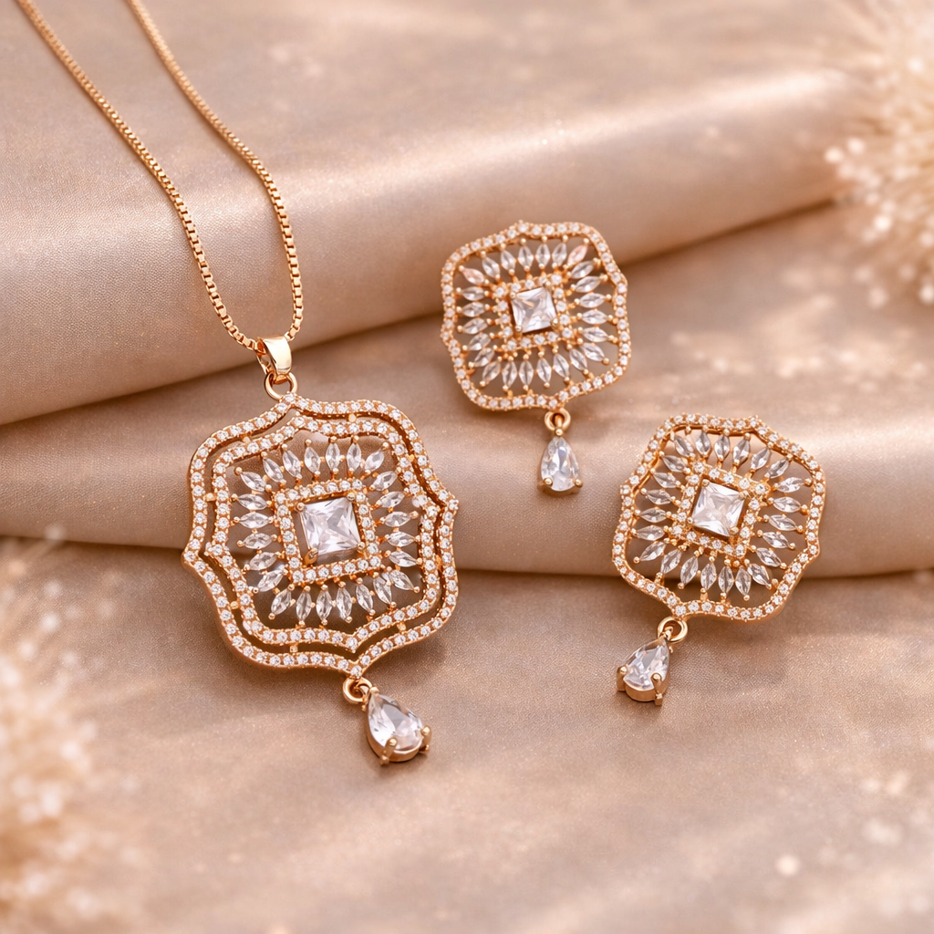 Mirage - Rose Gold American Diamond Pendant Set with Matching Earrings | CZ Designer Necklace Set for Women