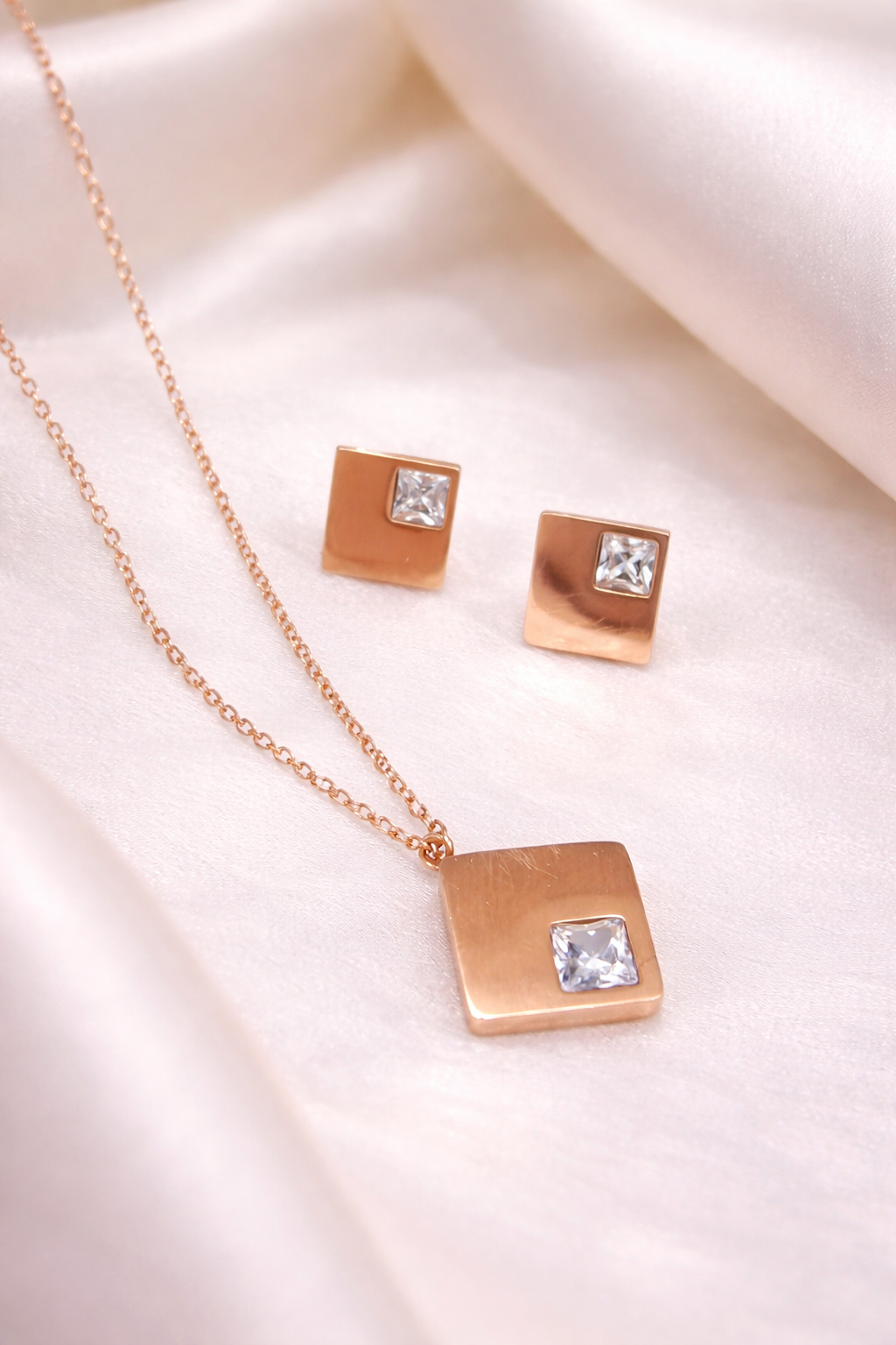 Mirage - Timeless Elegance: Square Diamond Pendant & Earring Set in Anti-Tarnish Stainless Steel