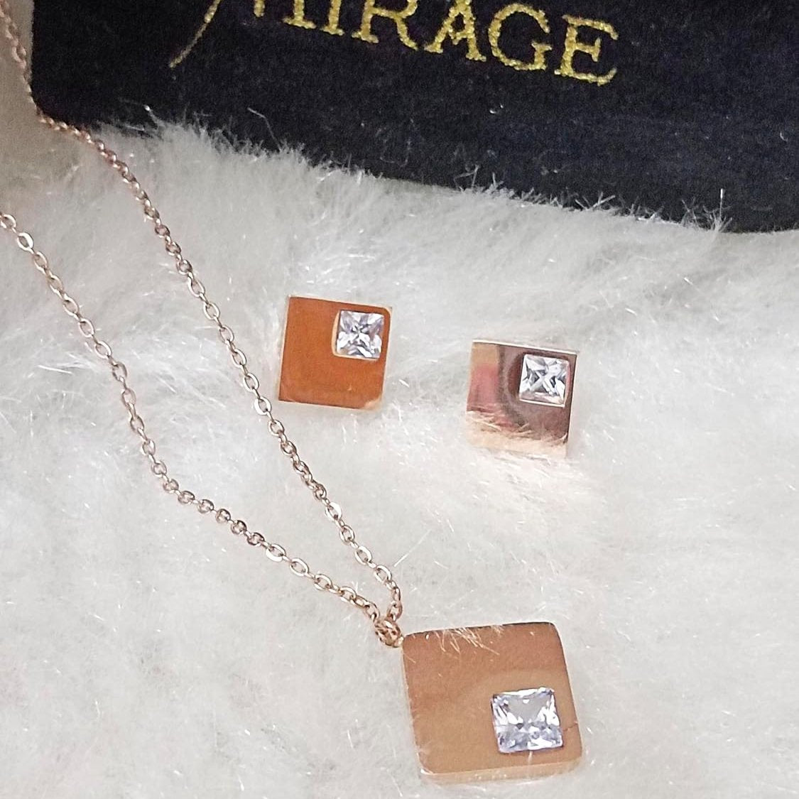 Mirage - Timeless Elegance: Square Diamond Pendant & Earring Set in Anti-Tarnish Stainless Steel