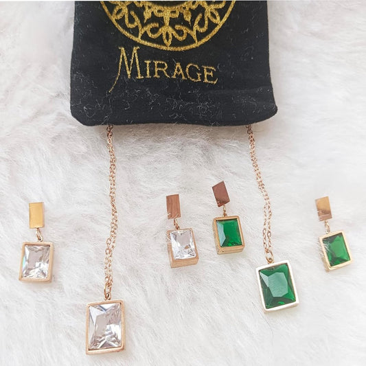 Mirage -Square white stone SS Anti Tanish Pendant Earring set with Chain