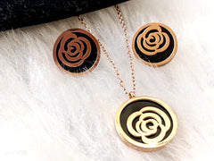 Mirage -Flower shape Rose gold SS with black filling - Pendant Earring set with Chain designs