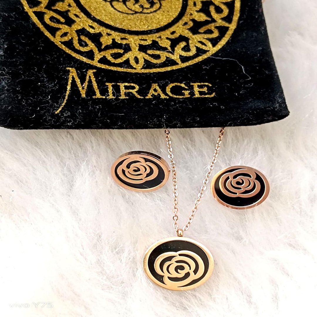 Mirage -Flower shape Rose gold SS with black filling - Pendant Earring set with Chain designs