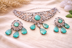 Designer Mint Green American Diamond Choker Necklace Set for Women | Luxury Party Wear Jewelry – The Mirage Fashion