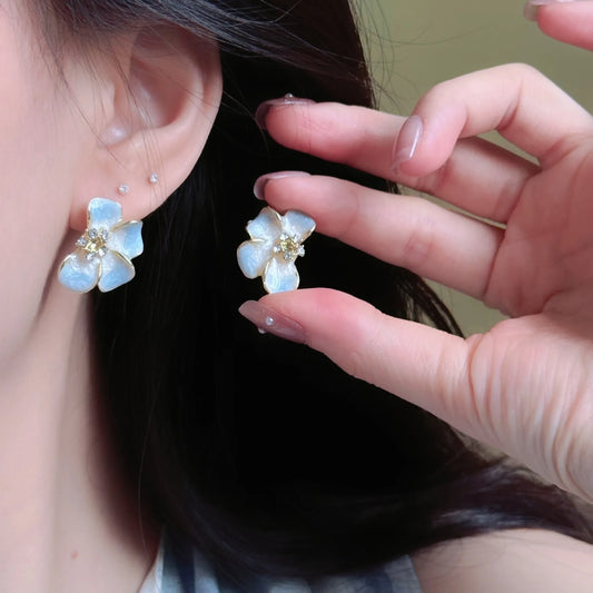 Pastel Blue Floral Stud Earrings with Crystal Center | Elegant Gold Finish Earrings for Women – The Mirage Fashion