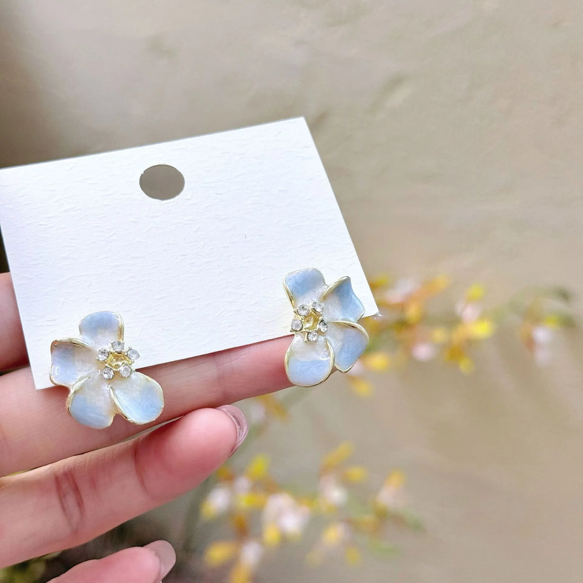 Pastel Blue Floral Stud Earrings with Crystal Center | Elegant Gold Finish Earrings for Women – The Mirage Fashion