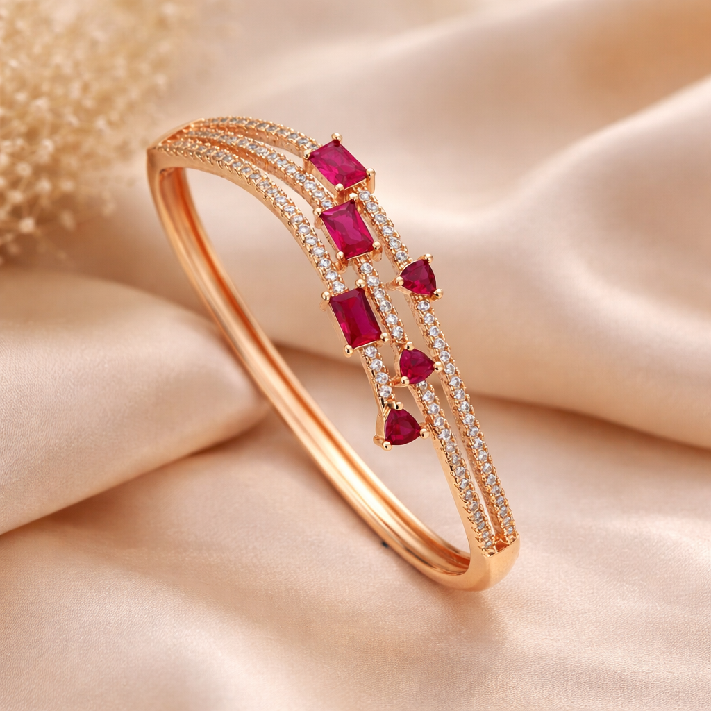 Rose Gold Ruby Pink Stone CZ Bracelet for Women | American Diamond Designer Kada / Bangle