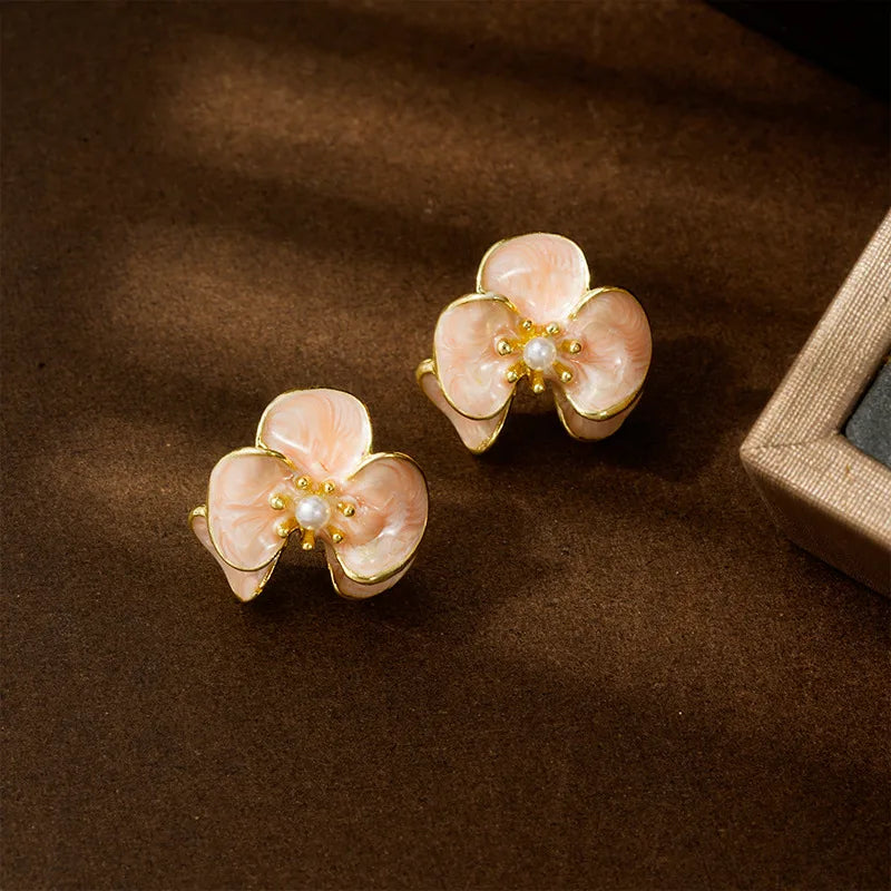 Blush Pink Floral Enamel Stud Earrings with Pearl Center | Elegant Gold Finish Earrings for Women – The Mirage Fashion