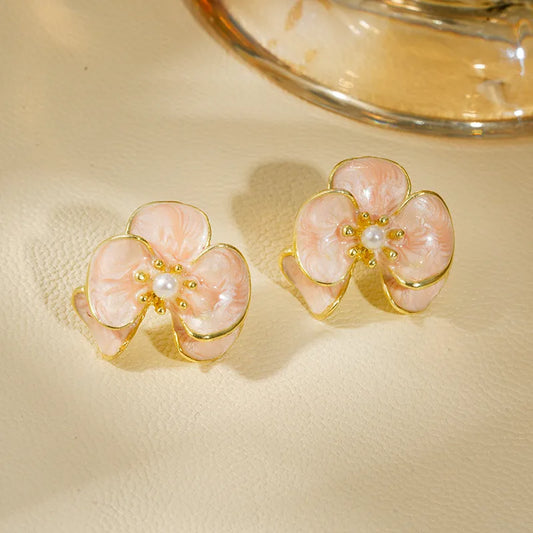 Blush Pink Floral Enamel Stud Earrings with Pearl Center | Elegant Gold Finish Earrings for Women – The Mirage Fashion