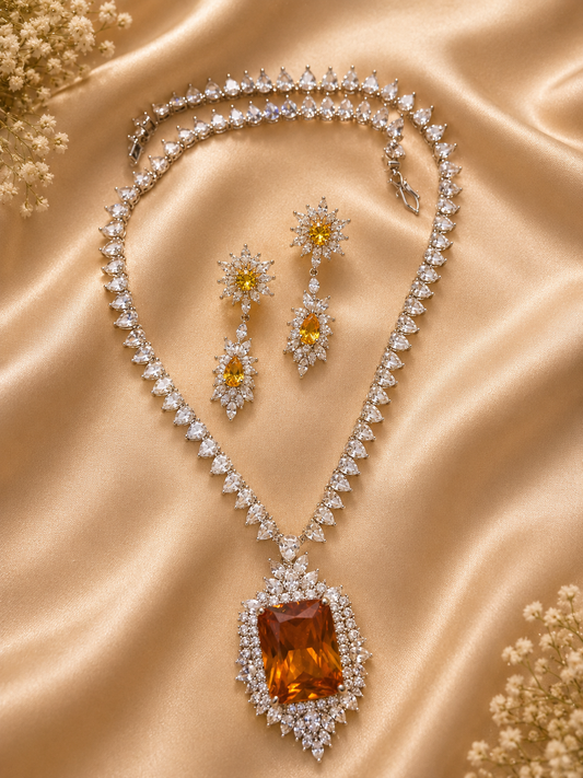 Amber Crystal Pendant Necklace Set with American Diamonds | Luxury Party Wear Jewelry for Women