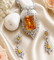 Amber Crystal Pendant Necklace Set with American Diamonds | Luxury Party Wear Jewelry for Women