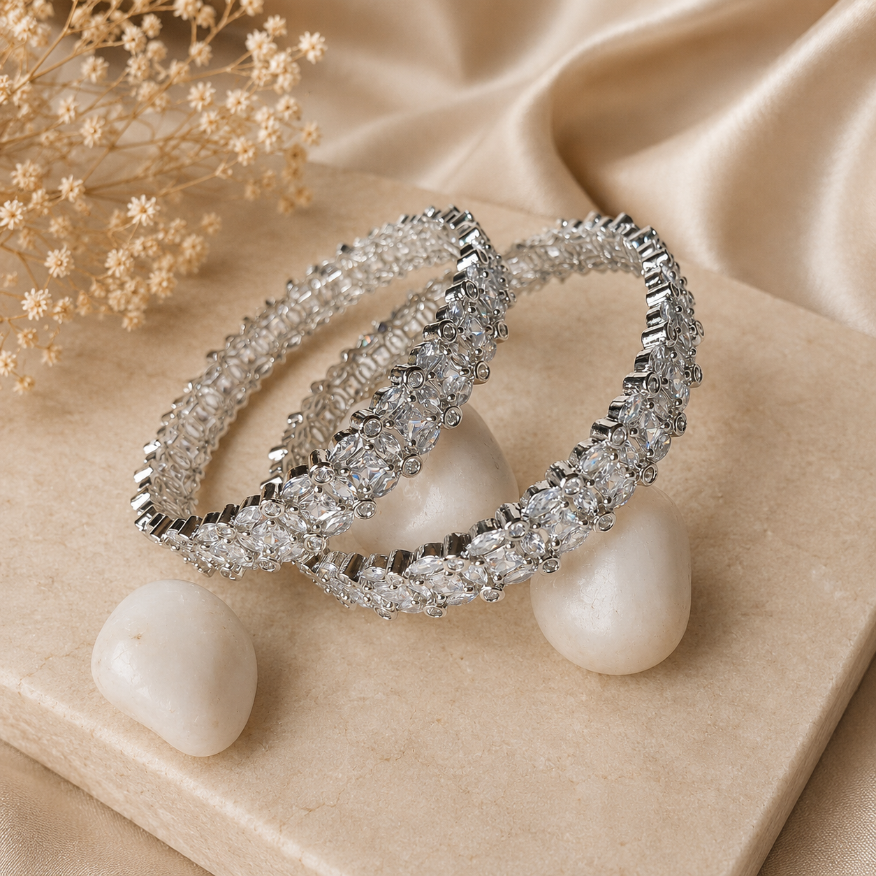 Set of 2 American Diamond Statement Bangles with Multi-Row Crystal Design for Women | The Mirage Fashion