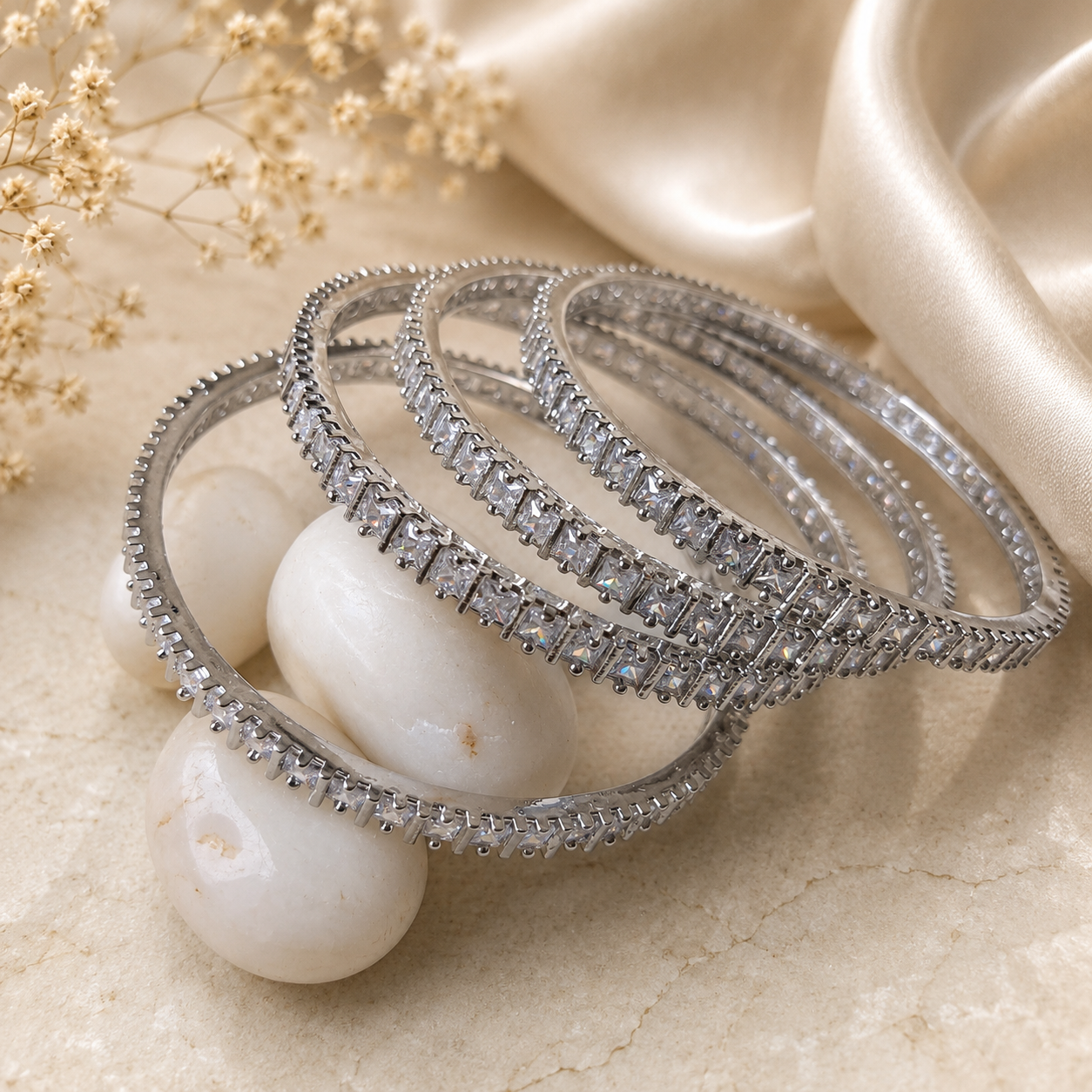 Set of 4 American Diamond Tennis Bangles for Women with Princess Cut Crystal Stones | The Mirage Fashion