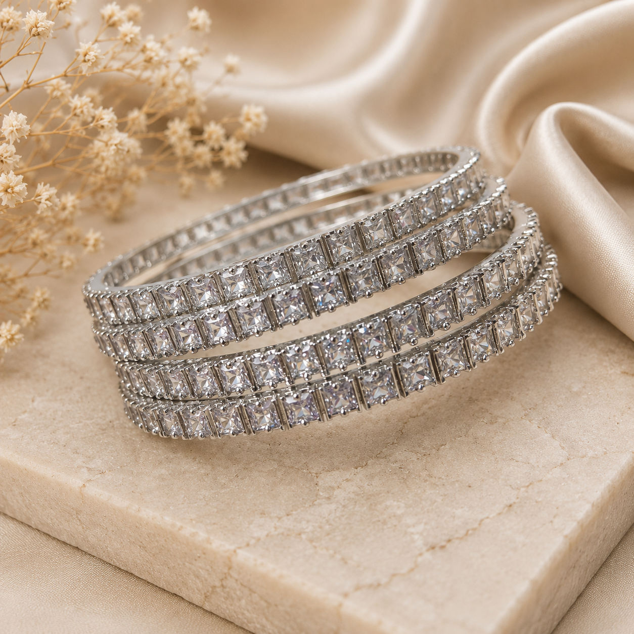 Set of 4 American Diamond Tennis Bangles for Women with Princess Cut Crystal Stones | The Mirage Fashion