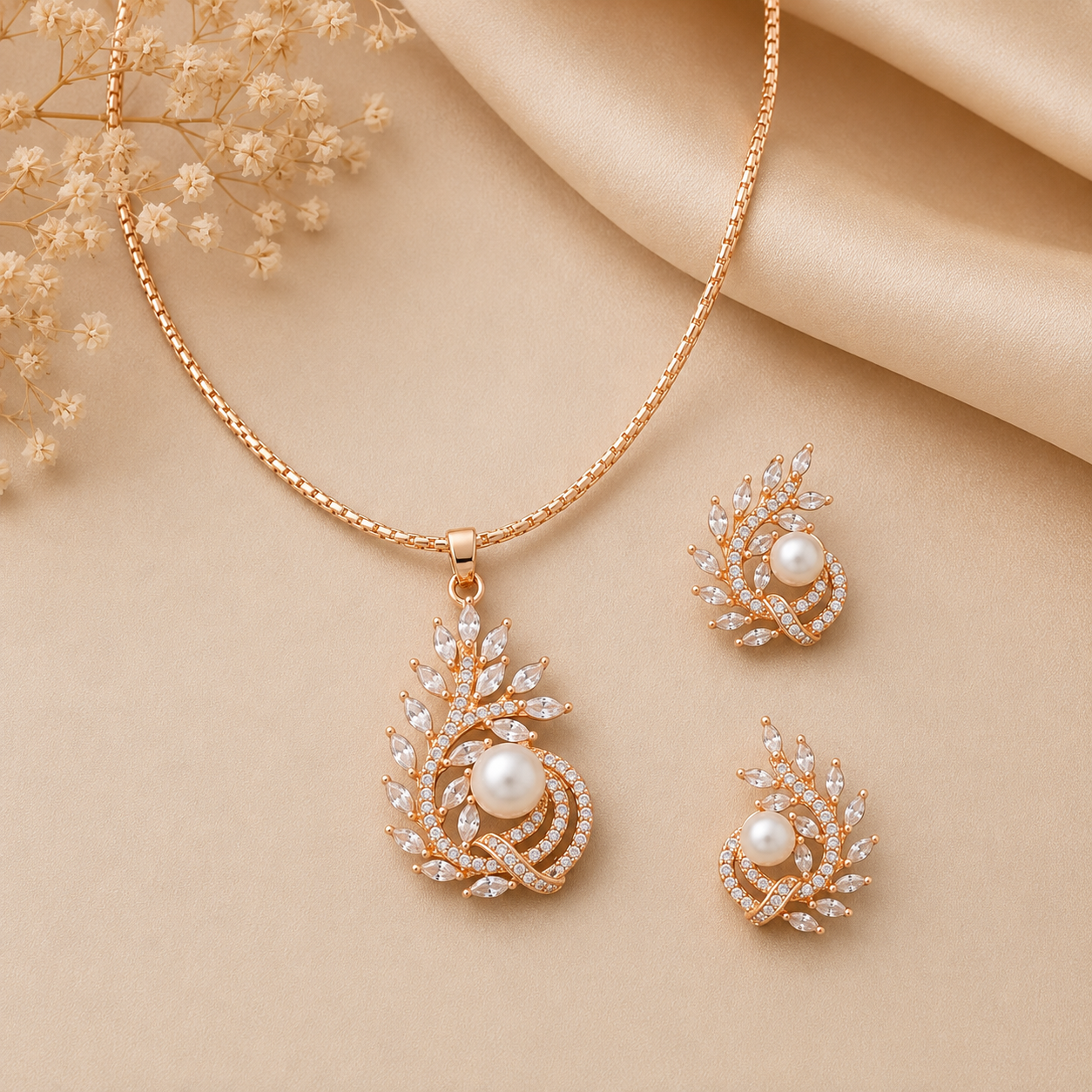 Rose gold pearl necklace and earrings set for women