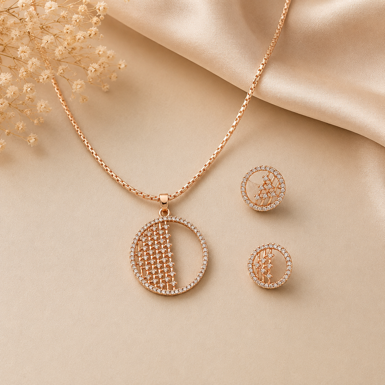 Anti Tarnish Rose Gold Circular Pendant Set with Cubic Zirconia Necklace and Matching Earrings for Women  The Mirage Fashion