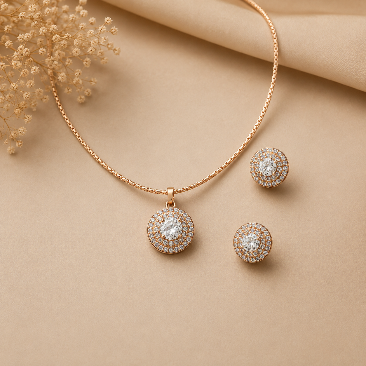 Anti Tarnish Rose Gold Halo Cubic Zirconia Pendant Necklace Set with Matching Stud Earrings for Women  The Mirage Fashion