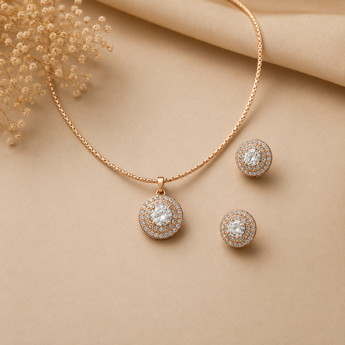 Anti Tarnish Rose Gold Halo Cubic Zirconia Pendant Necklace Set with Matching Stud Earrings for Women  The Mirage Fashion