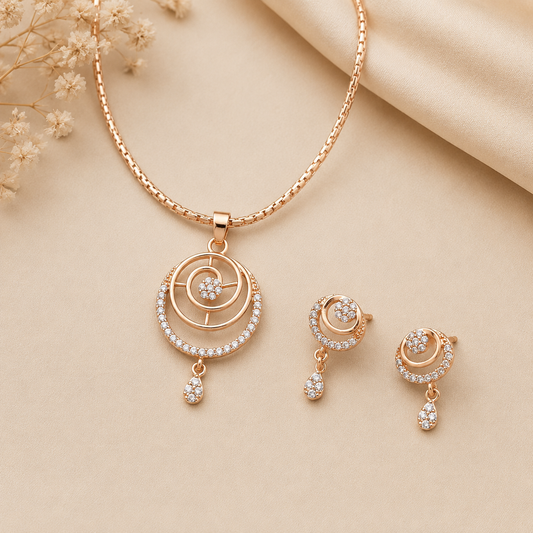 Anti Tarnish Rose Gold Circular CZ Pendant Set for Women | Crystal Drop Necklace & Earrings Set | The Mirage Fashion