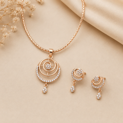 Anti Tarnish Rose Gold Circular CZ Pendant Set for Women | Crystal Drop Necklace & Earrings Set | The Mirage Fashion