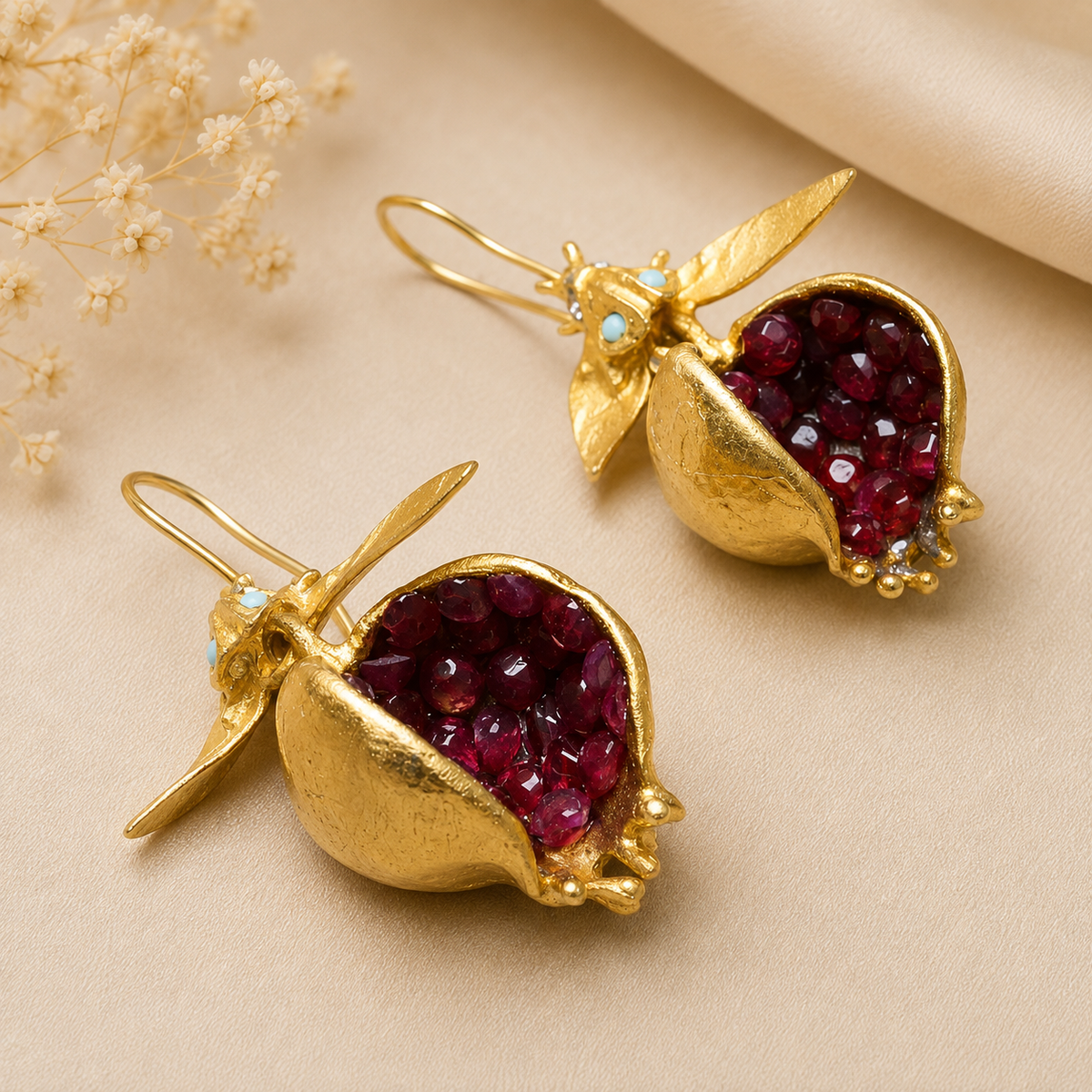 Anti Tarnish Gold Pomegranate Drop Earrings with Ruby Red Crystal | Nature Inspired Statement Earrings for Women by The Mirage Fashion